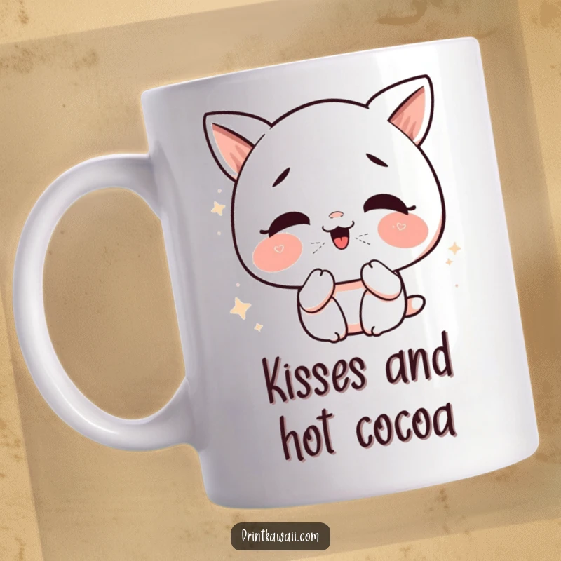 Funny Kawaii Kiss Mug featuring a cute character giggling while blowing sparkly, glittery kisses, exuding joy and charm.