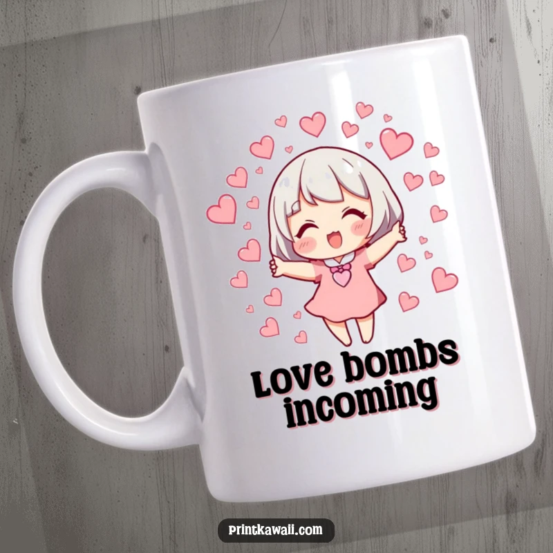 Funny Mug: Character joyfully releasing a big flock of tiny, fluttering hearts with a happy expression.