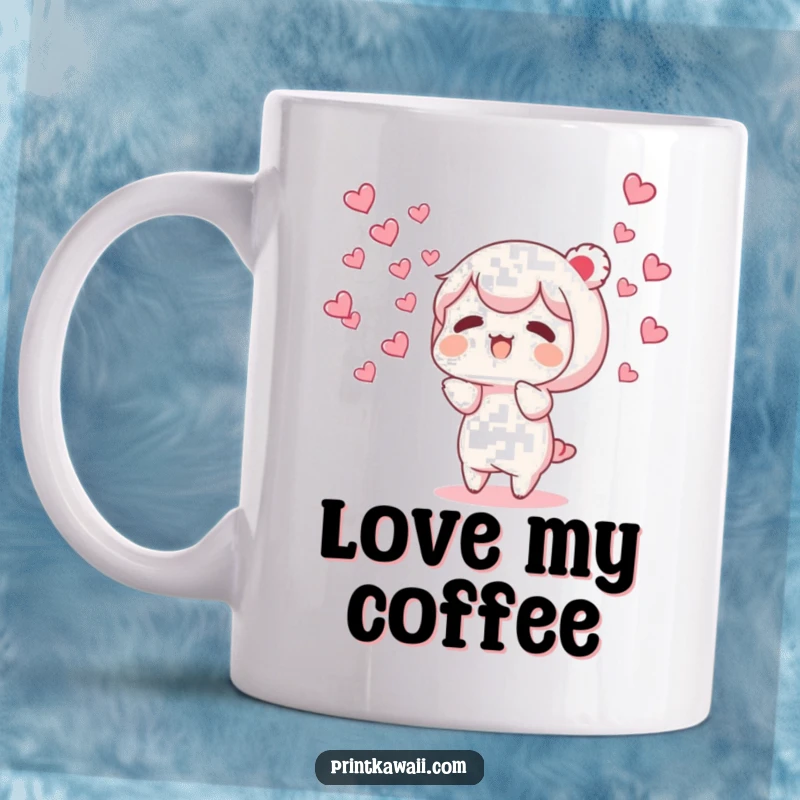 Funny mug featuring a character joyfully releasing a flock of small, delicate, fluttering hearts into the air.