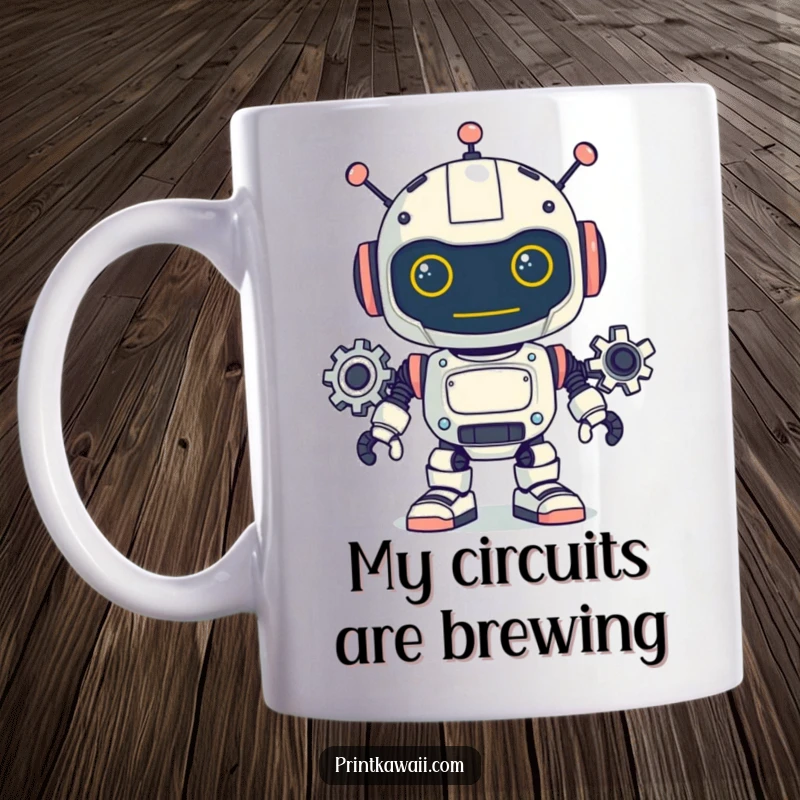 Funny robot mug featuring a playful character with visible turning gears, sparking joy and a love for all things mechanical.