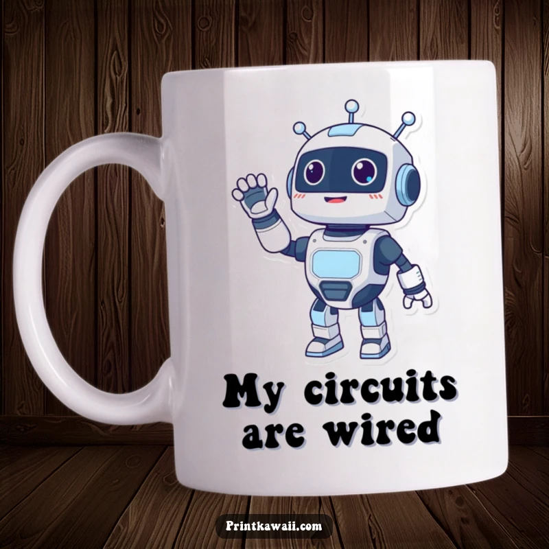 Funny ceramic mug featuring a happy robot character giving an energetic and friendly wave, conveying warmth and digital cheer.