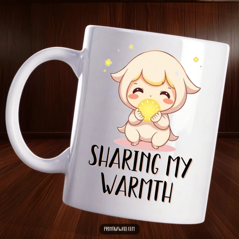 Funny Mug with a cute character joyfully sharing a tiny, glowing orb, symbolizing connection and happiness.