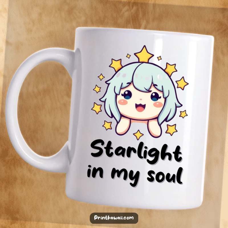 Funny mug with a cute, smiling character radiating happiness surrounded by a galaxy of twinkling stars, a delightful cosmic gift.