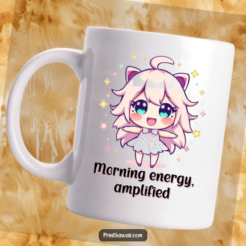 Funny Sparkle Dust Mug: A dynamic character made of sparkle dust explodes outward with raw excitement and vibrant energy.