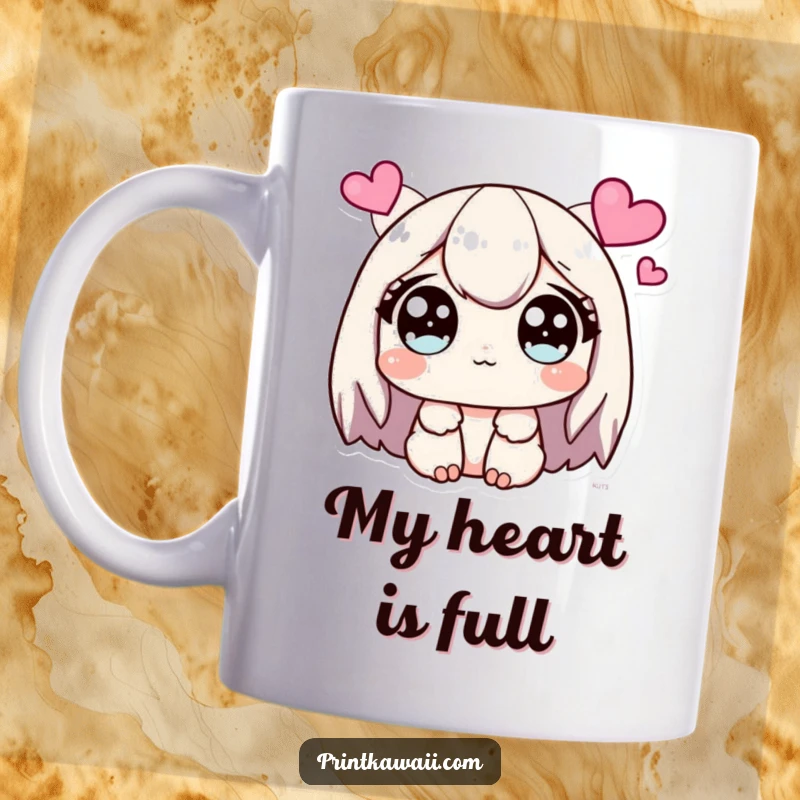 Funny Mug with a cute character displaying wide, sparkling eyes, looking lovingly at floating hearts.