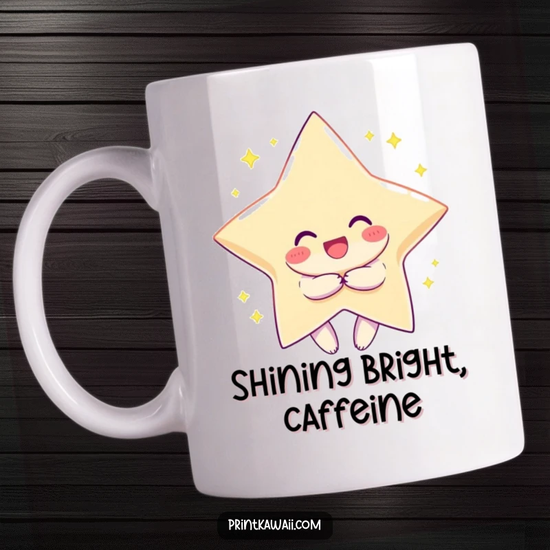 Funny mug showcasing a character with a wide, joyful smile embracing a huge, sparkling star, celebrating cosmic achievement and happiness.