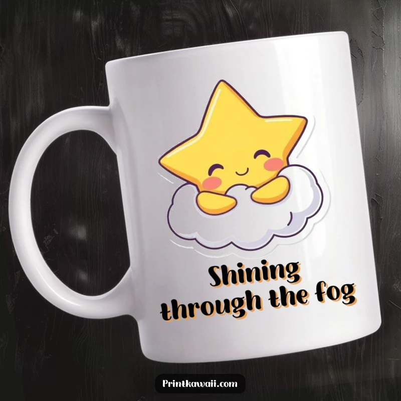 Funny Mug: A cheerful star character hugs a fluffy cloud, perfect for enjoying beverages with a dreamy touch.