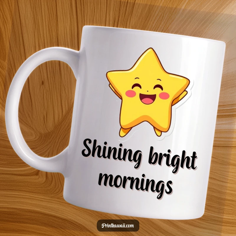 Funny mug with a bright, smiling star character in an excited, joyful jumping pose, radiating happiness.