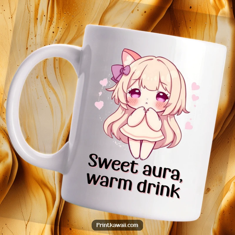 Funny mug featuring a character in a sweet pose, surrounded by a soft, pink aura, conveying gentle charm and peaceful happiness.