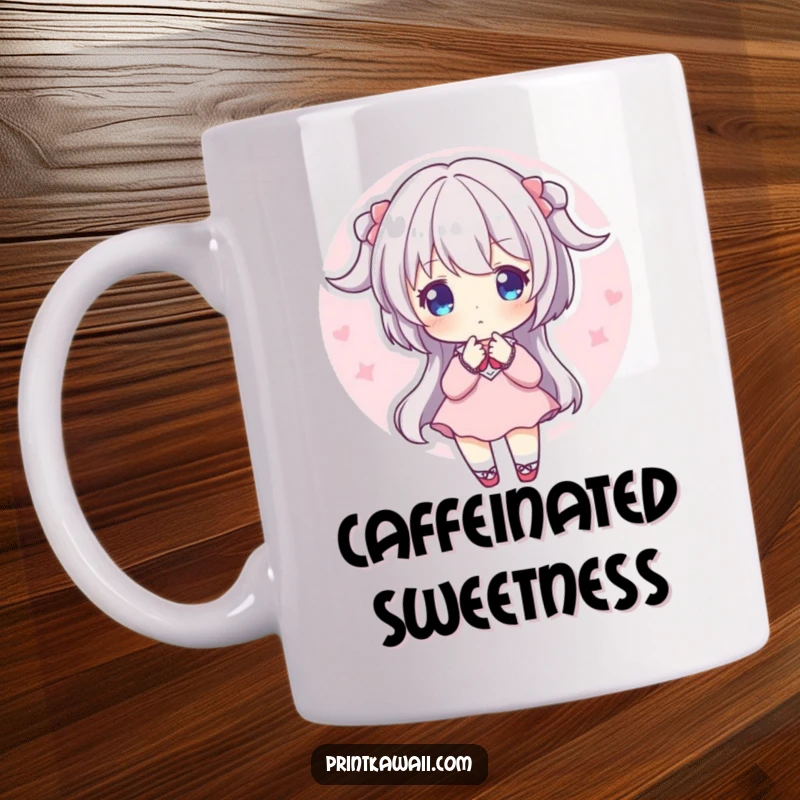 Funny Mug: A character in a peaceful, sweet pose, enveloped by a soft, glowing pink aura.