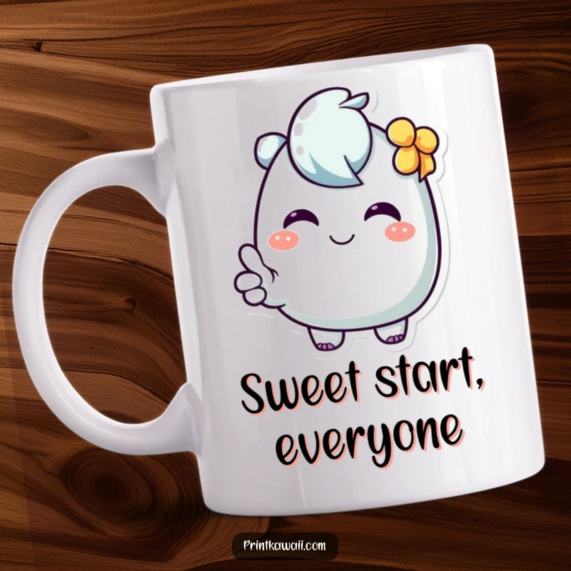 Funny Mug with a character sporting a sweet expression, giving an enthusiastic thumbs up, conveying approval and happiness.