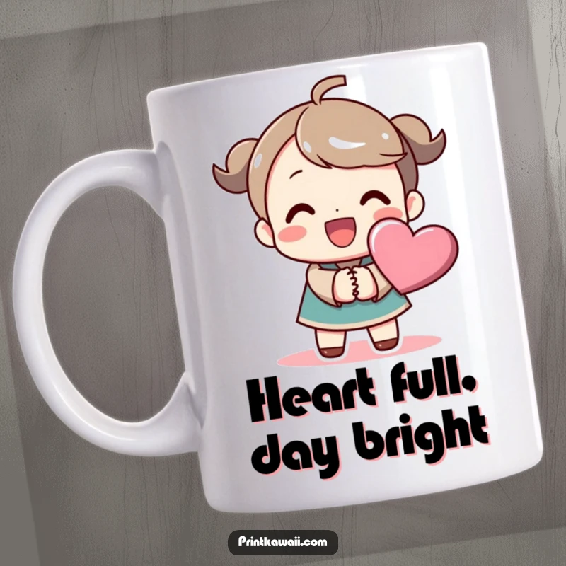 Funny mug featuring a character beaming, holding hands with a stylized heart symbol, expressing pure joy and loving connection happily.