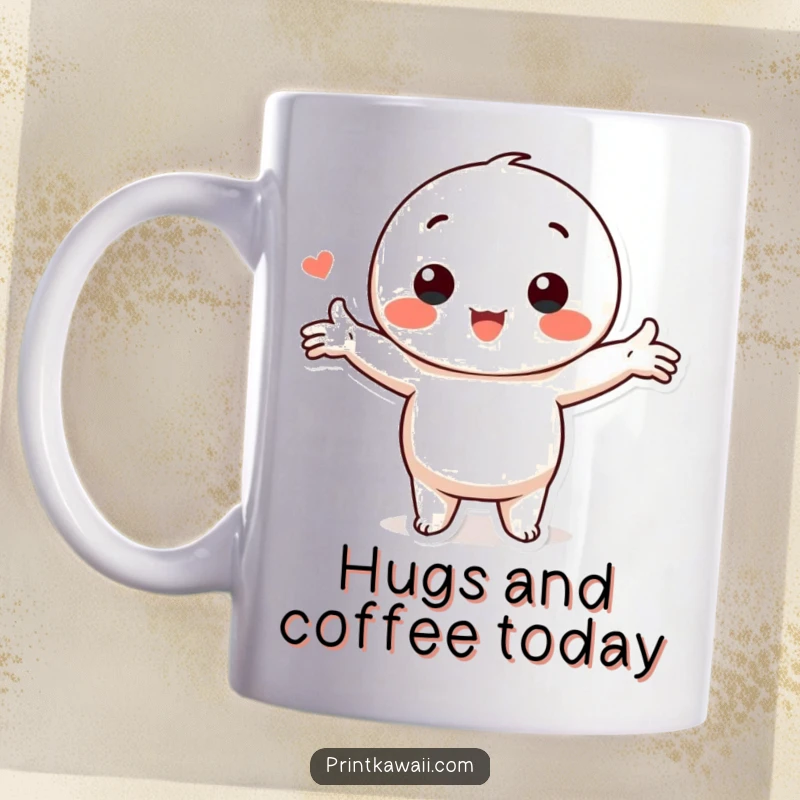 Funny Kawaii Love Mug featuring a cute character in a loving pose with arms outstretched, offering a warm embrace.