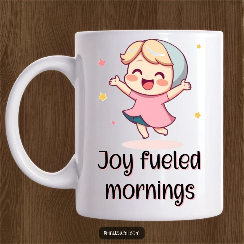 Funny mug showing a cute character doing a joyful little dance, radiating pure happiness and infectious energy, a delightful gift.