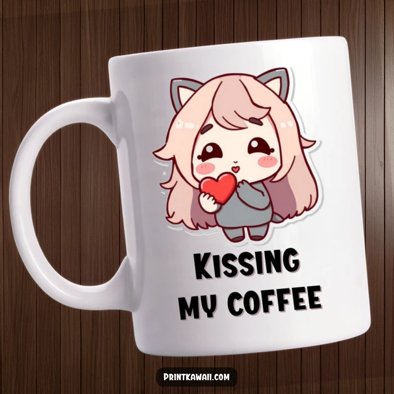 Funny Mug: A character with a warm, gentle smile blowing a kiss directly towards a floating heart.