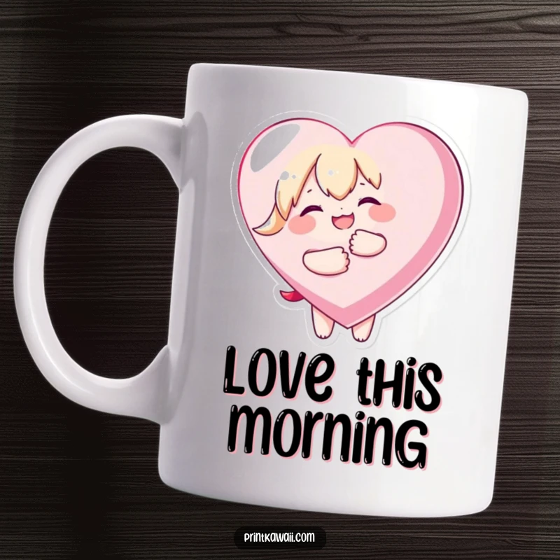 Funny mug with a kawaii character joyfully hugging a large heart, symbolizing love, happiness, and cute affection.