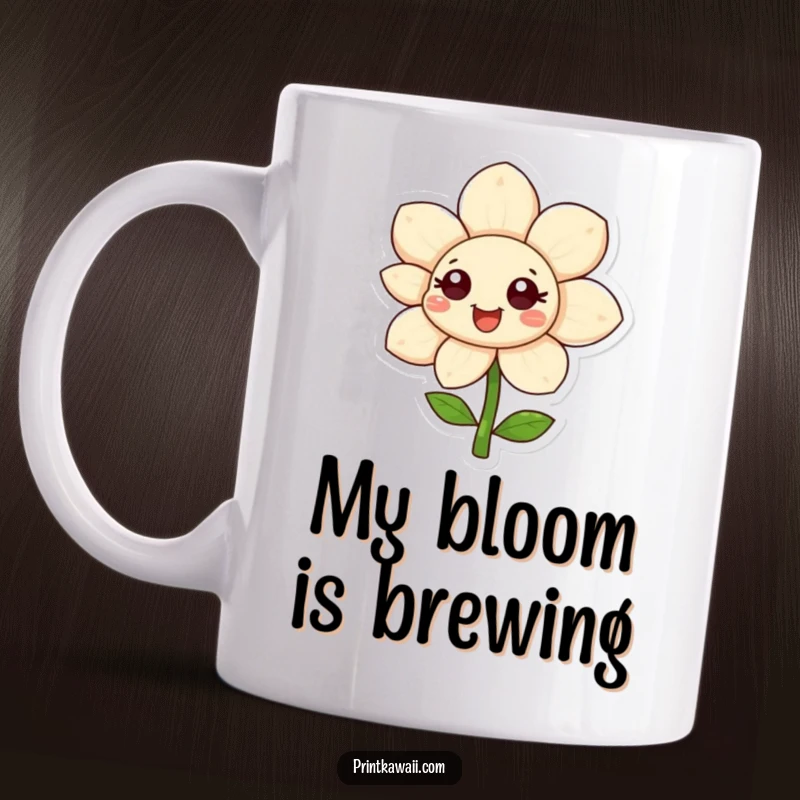 Funny happy flower character with petals unfurling on a mug, radiating positivity and cheer, a delightful and funny design.