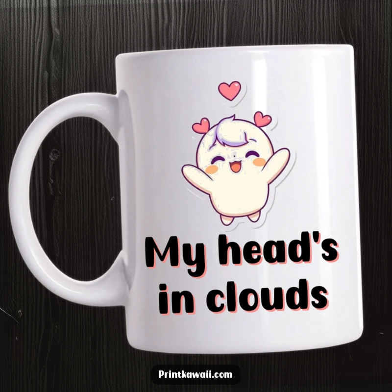 Funny mug with a cute character joyfully floating upwards towards the heavens, a large heart hovering over its head, symbolizing pure happiness.