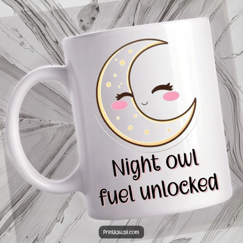 Funny Crescent Moon Mug featuring a slyly winking moon character, radiating playful cosmic energy, an ideal funny gift.