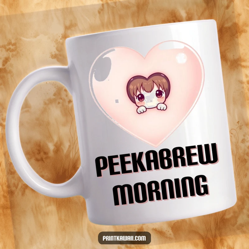 Funny mug with a shy character peeking out from behind a massive, shimmering heart, conveying sweet affection and modesty.