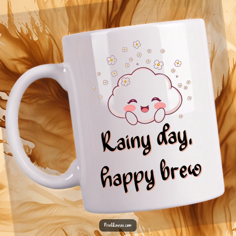 Funny mug featuring a joyful cloud character happily showering tiny, delicate blossoms, symbolizing happiness and gentle beauty.