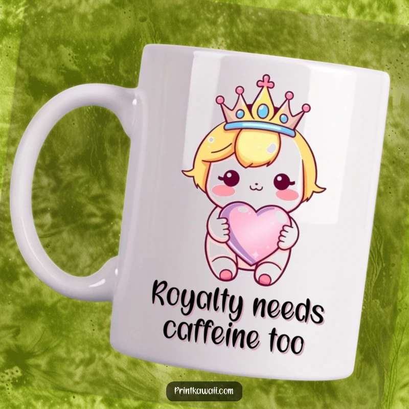 Funny Kawaii Crown Heart Mug featuring a cute character royalty holding a sparkly heart, exuding joy and a touch of whimsical luxury.