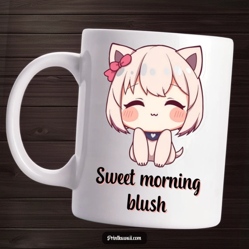 Funny Mug featuring a cute character blushing deeply with a sweet, shy smile, conveying bashful charm.