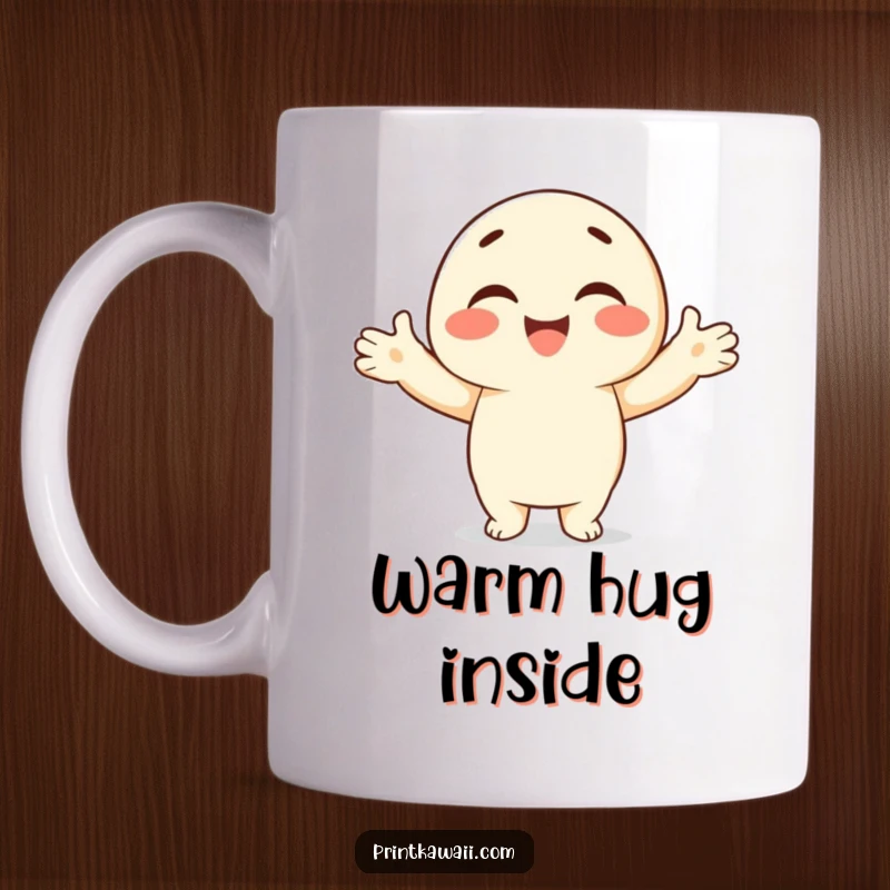 Funny mug with a character smiling broadly, offering a warm, open-armed embrace to everyone.