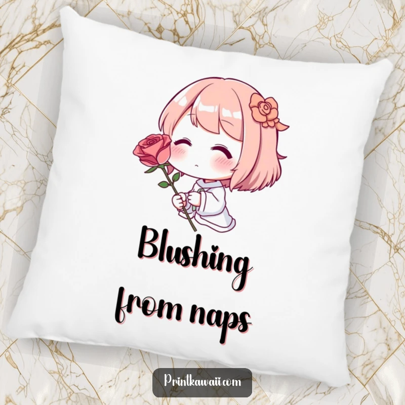 Funny Pillow: A character blushing adorably while holding a single, perfect, delicate rose.