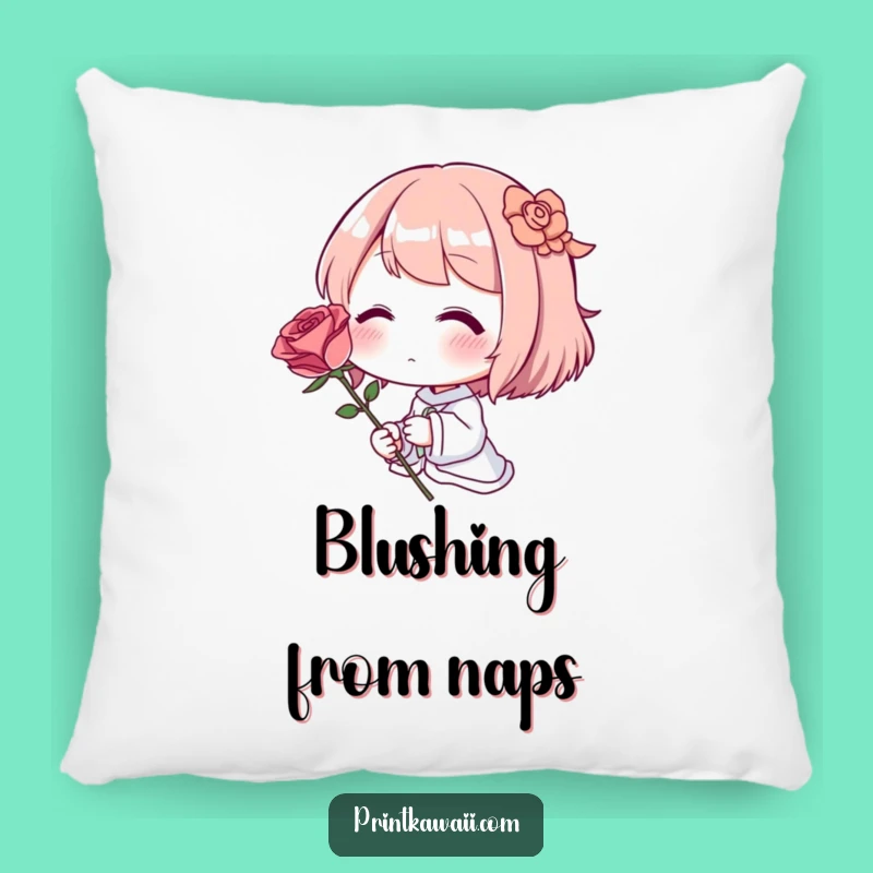 Funny Shy Accent Pillow: Blushing Character with Rose, Cozy Decor Gift