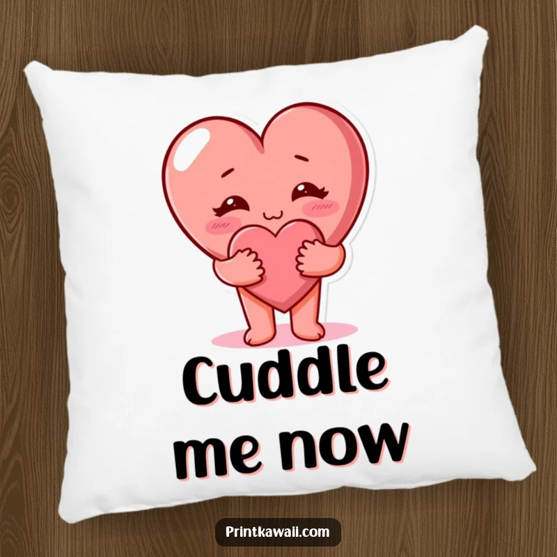 Funny cute heart character giving a hug on a soft pillow. Cozy funny home decor.