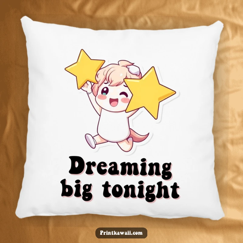 Funny Decorative Pillow featuring a character in mid-air, joyfully grasping a large, radiant star, a symbol of happy dreams.