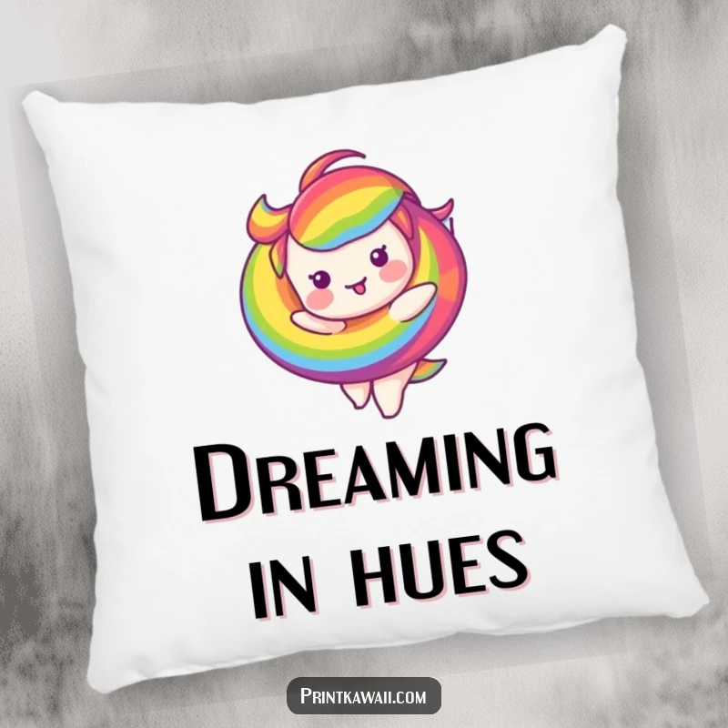 Funny throw pillow featuring a smiling rainbow swirl character twirling happily, ideal for comfortable and humorous decor.