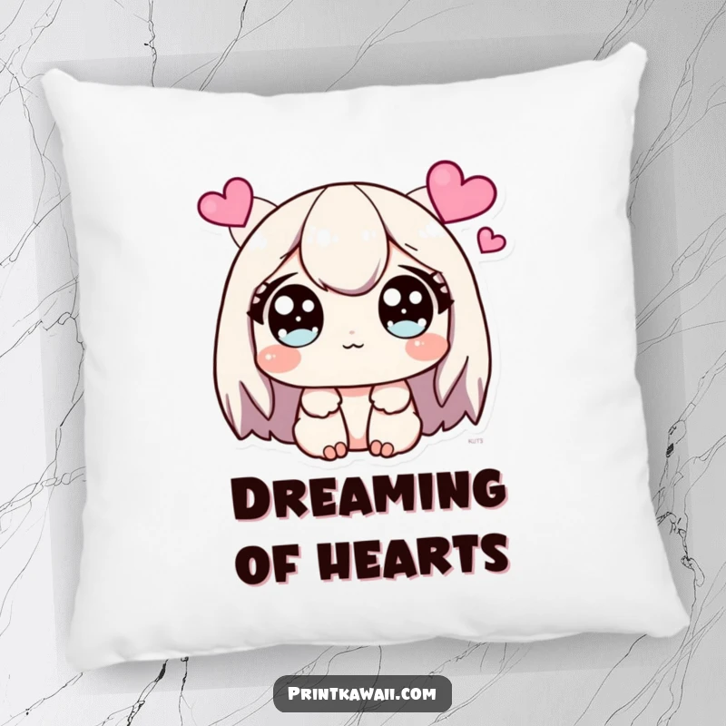 Funny Pillow with a cute character displaying wide, sparkling eyes, looking lovingly at hearts.