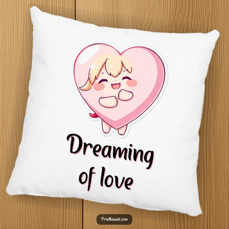 Funny pillow showcasing a kawaii character joyfully hugging a large heart, offering comfort and a symbol of abundant love.