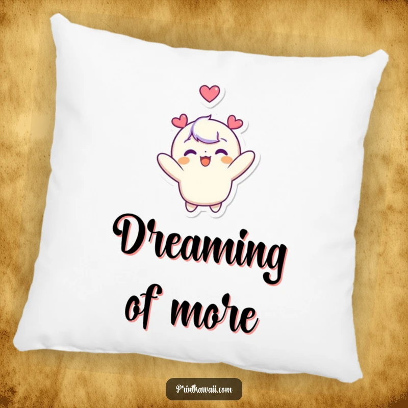 Funny decorative pillow with a cute character joyfully floating upwards, a heart icon above its head, symbolizing love and peaceful dreams.