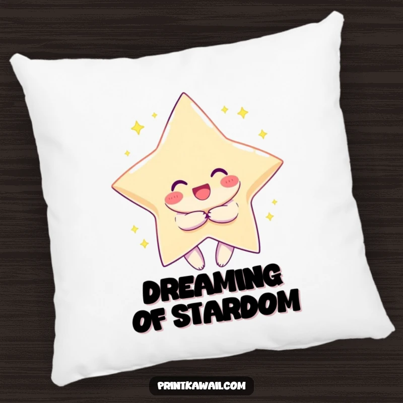 Funny decorative pillow showing a character with a wide smile embracing a large, glittering star, providing comfort and cosmic cheer.