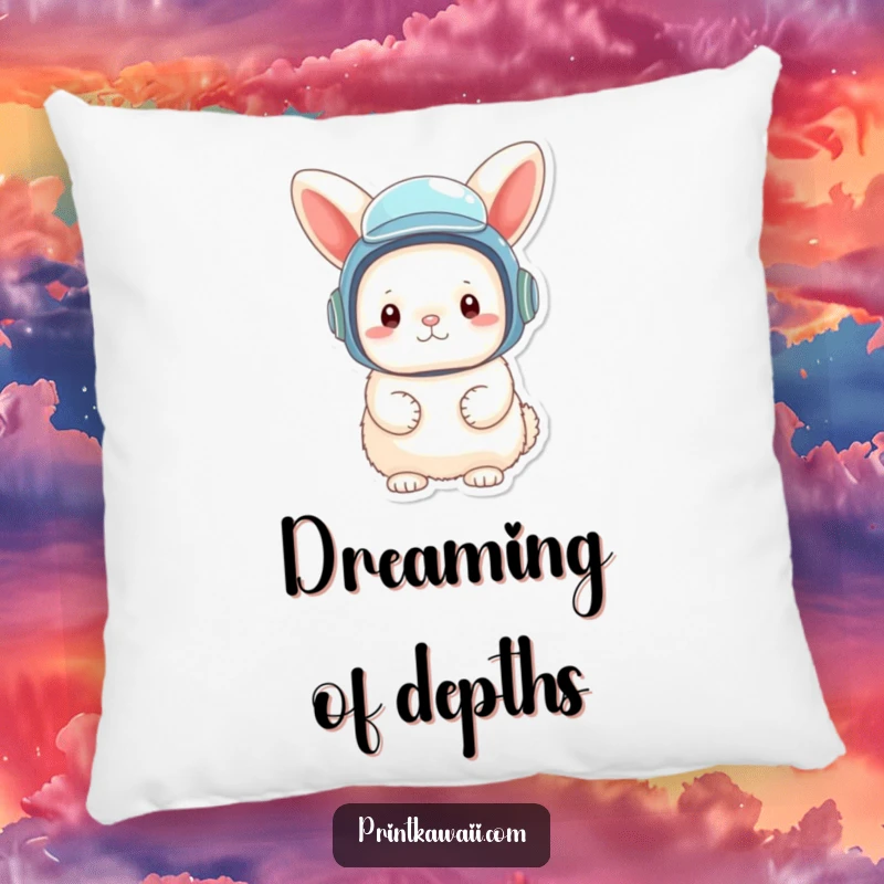 Funny pillow with a fluffy bunny character wearing a tiny, oversized diving helmet, for cozy, imaginative comfort.