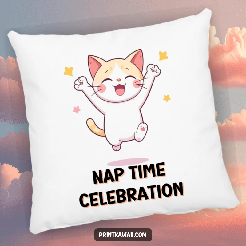 Funny throw pillow with a cute cat character mid-leap in a celebratory pose, embodying happiness and fun.