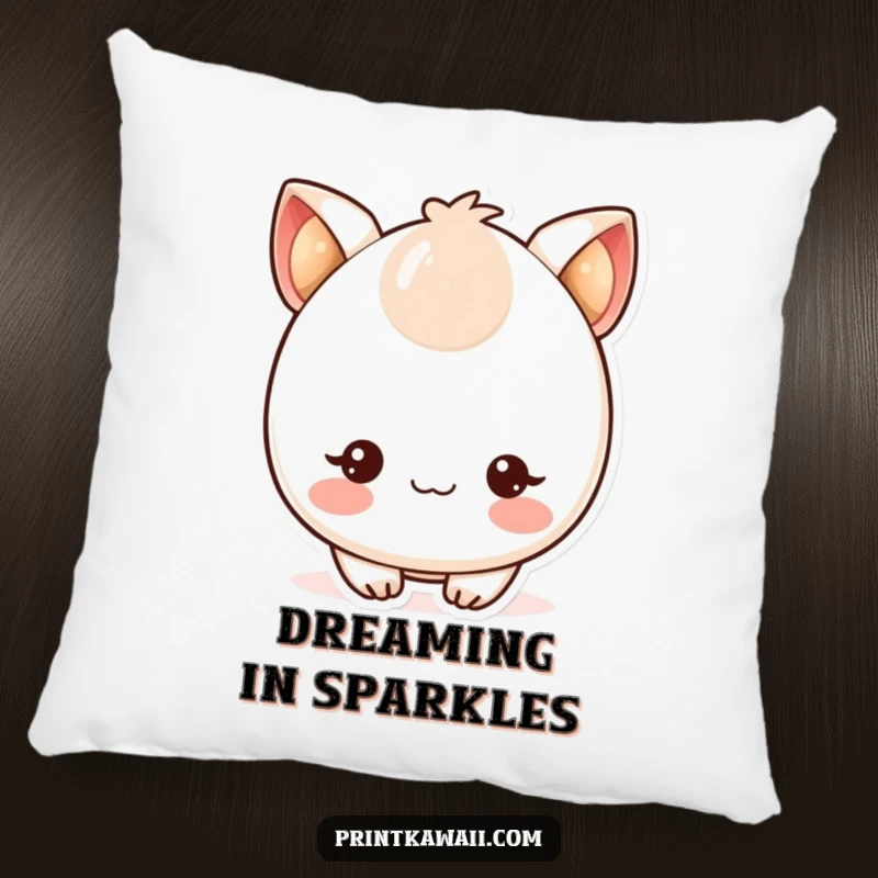 Funny pillow featuring a cute kawaii character with blushing cheeks and twinkling eyes, adding a soft touch of joy.