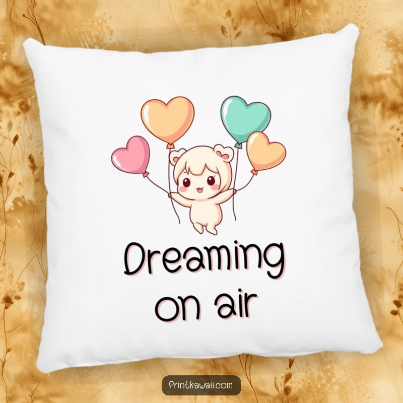 Funny pillow with a cute kawaii character playfully floating with heart-shaped balloons, offering gentle comfort and dreams.