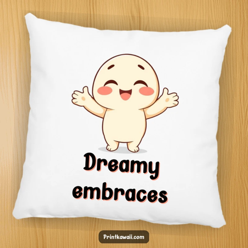 Funny pillow featuring a smiling character with open arms offering an embrace, designed for soft comfort and warmth.