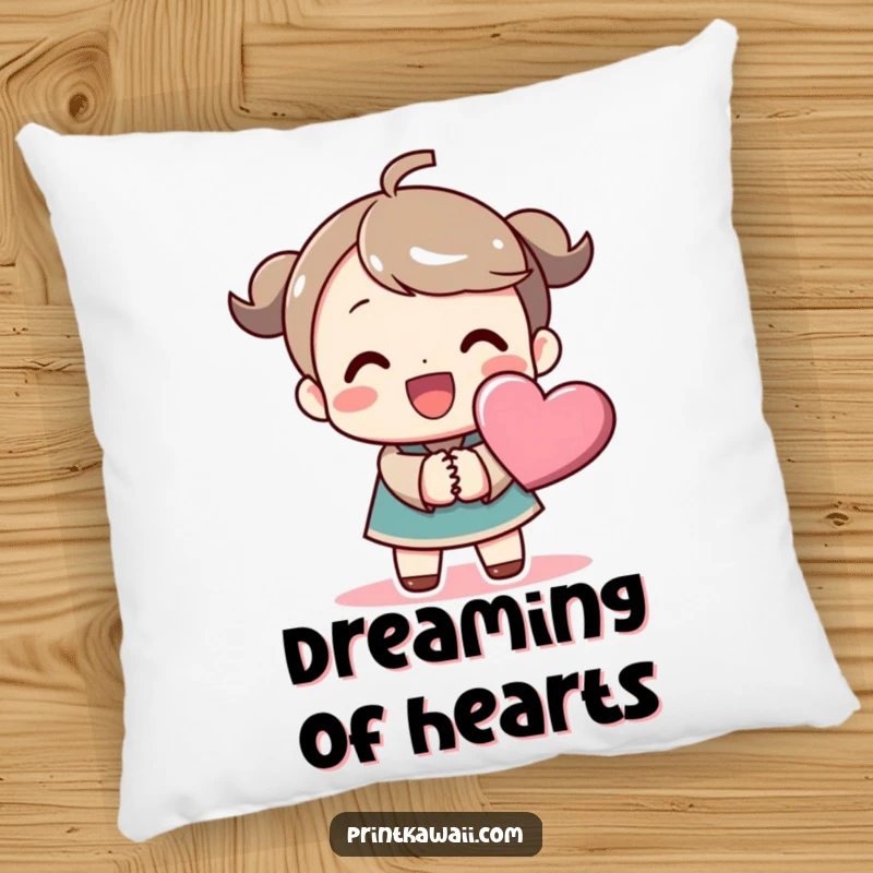 Funny pillow with a beaming character holding hands with a stylized heart symbol, perfect for comfort and spreading pure joy.