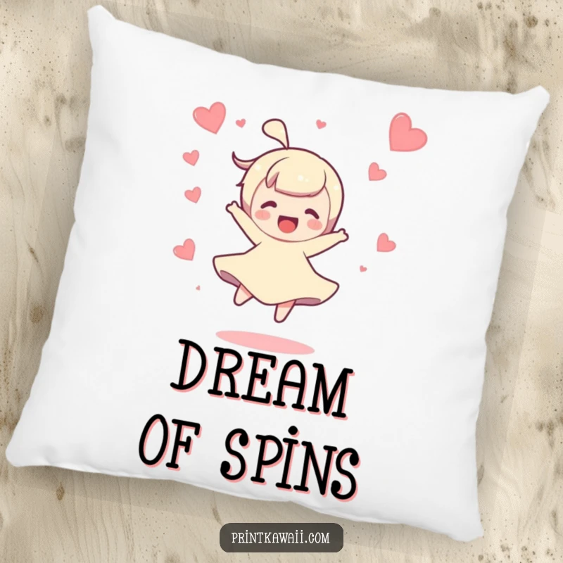 Funny pillow featuring a character doing a joyful spin with hearts floating around, offering soft comfort and cheerful vibes.