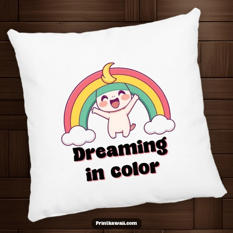 Funny Pillow featuring a playful rainbow character arching joyfully, offering comfort and a brightly cheerful decorative touch.