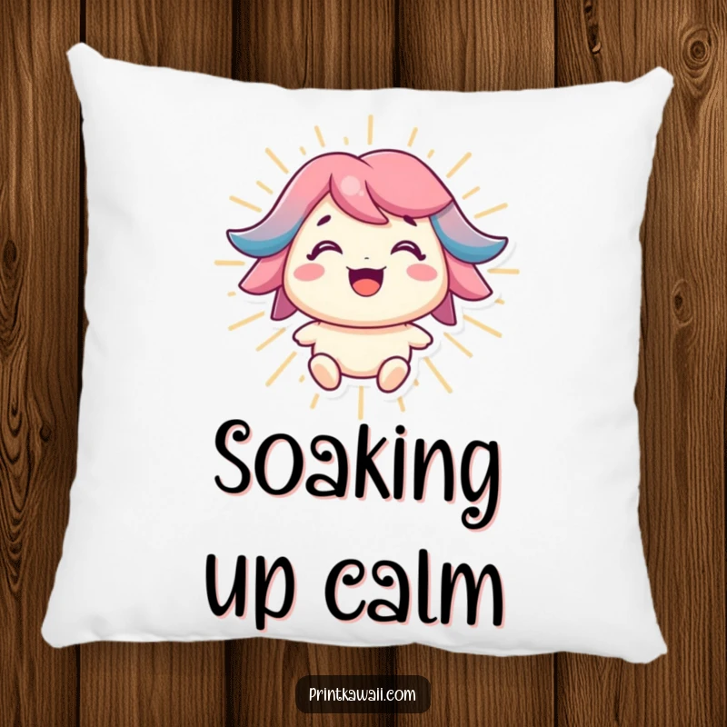 Funny pillow featuring a character with a bright smile radiating positive energy, perfect for cozy positivity.