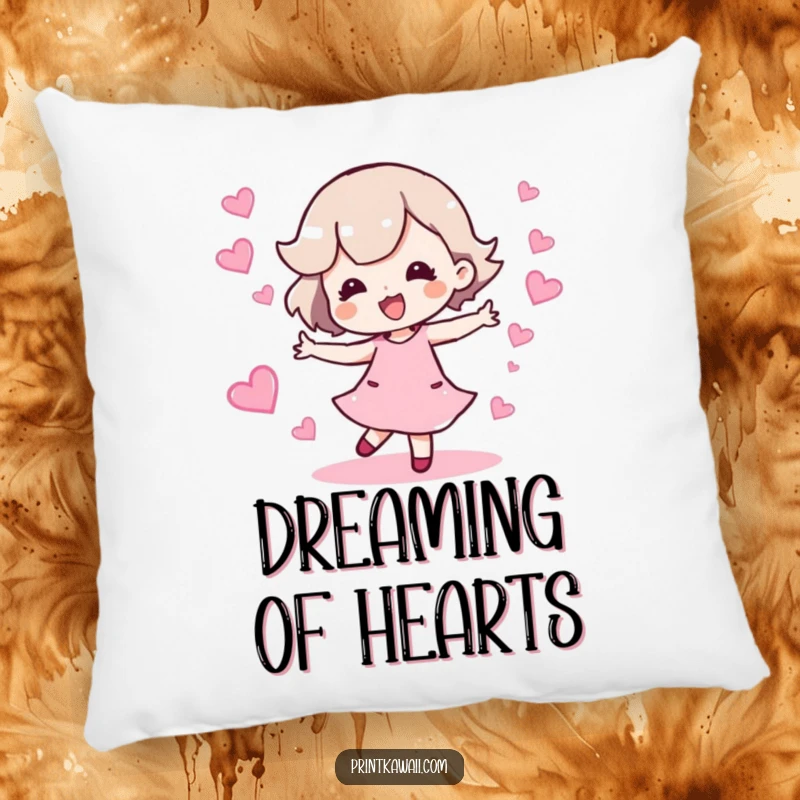Funny pillow with a character doing a happy dance leaving a trail of sparkling hearts, perfect for cozy happiness.