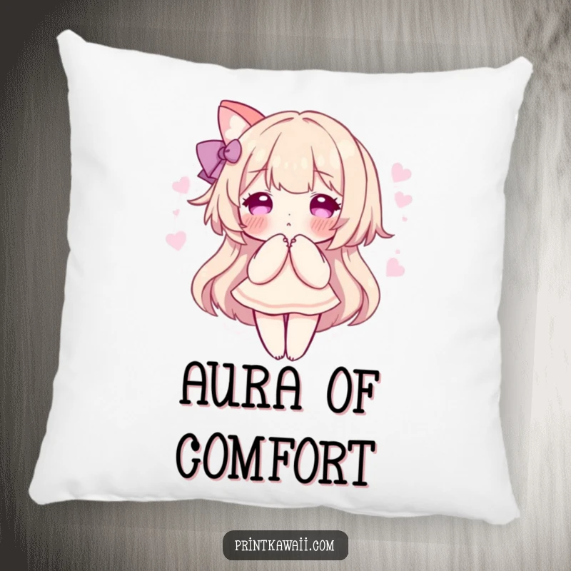 Funny pillow with a character in a sweet pose, surrounded by a soft, pink aura, perfect for comfort and sweet vibes.