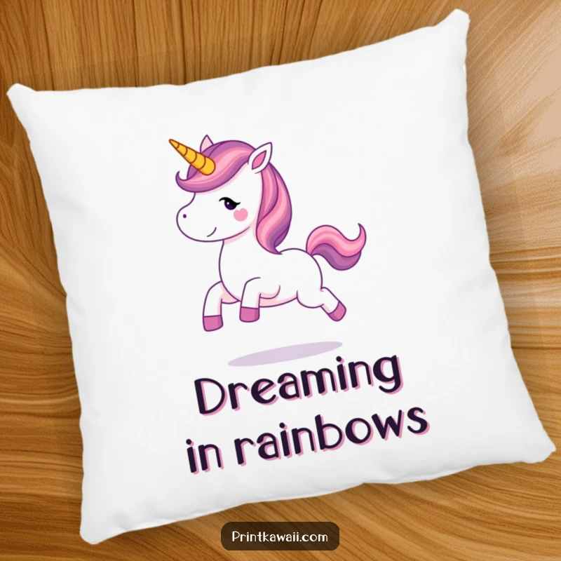 Funny unicorn character joyfully prancing on a soft pillow, bringing magical comfort and a cheerful, whimsical atmosphere.