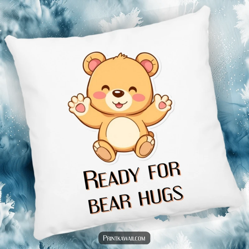 Funny, soft pillow featuring a joyful teddy bear character waving, providing comfort and a cheerful aesthetic for any seating area.